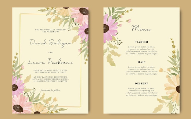 Lindo cartão de convite de casamento de flores em aquarela
