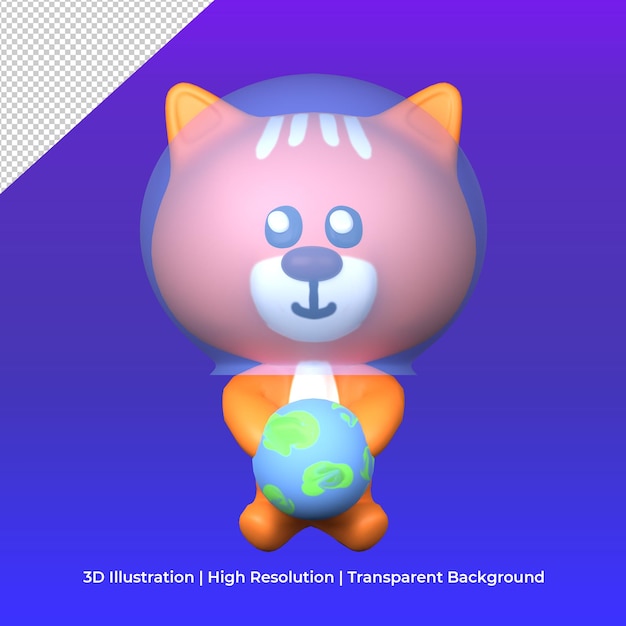 PSD lindo casco de cristal de personaje de gato 3d y bola de planeta tierra