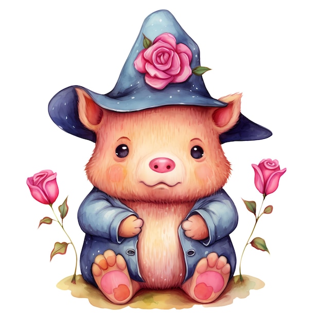 PSD lindo cerdo gracioso con flores acuarela ilustración de clipart