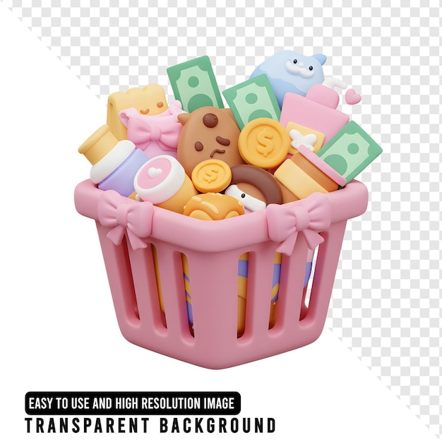 Lindo cesto de compras rosado lleno de regalos comida y dinero al estilo de dibujos animados