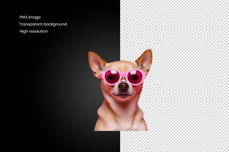 PSD un lindo chihuahua con gafas de sol rosas mirando directamente al fondo de la cámara eliminado