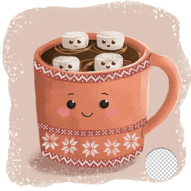 PSD lindo chocolate navideño con taza de malvaviscos aislado tarjeta de felicitación kawaii