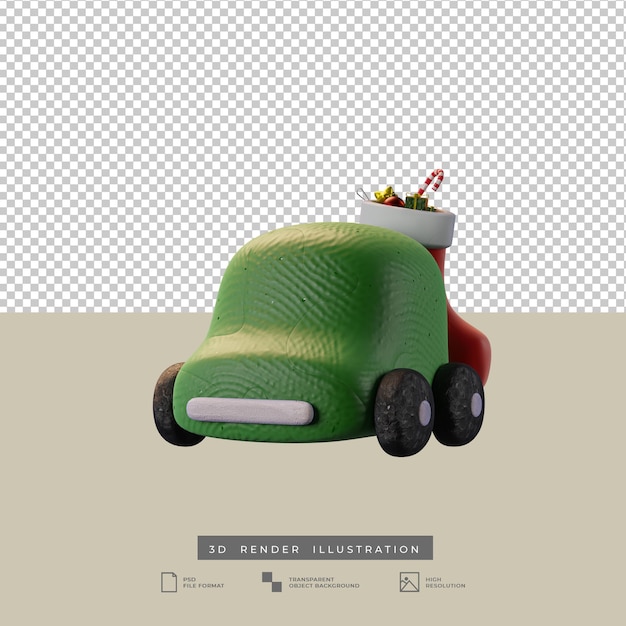 Lindo coche verde de arcilla con ilustración 3d de vista frontal de calcetín de Navidad