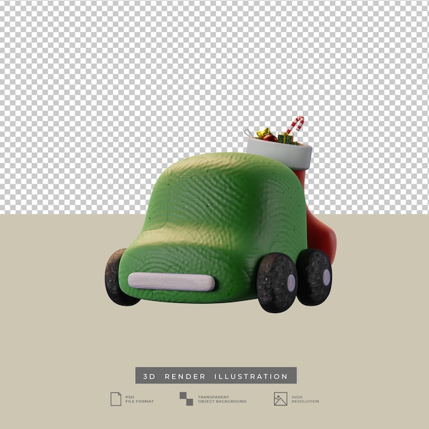 Lindo coche verde de arcilla con ilustración 3d de vista frontal de calcetín de navidad