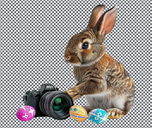 PSD el lindo y colorido conejo de pascua fotógrafo aislado sobre un fondo transparente