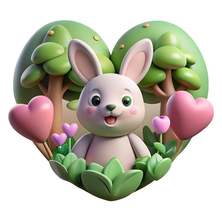 PSD lindo conejo de dibujos animados en un bosque en forma de corazón con corazones y árboles rosados