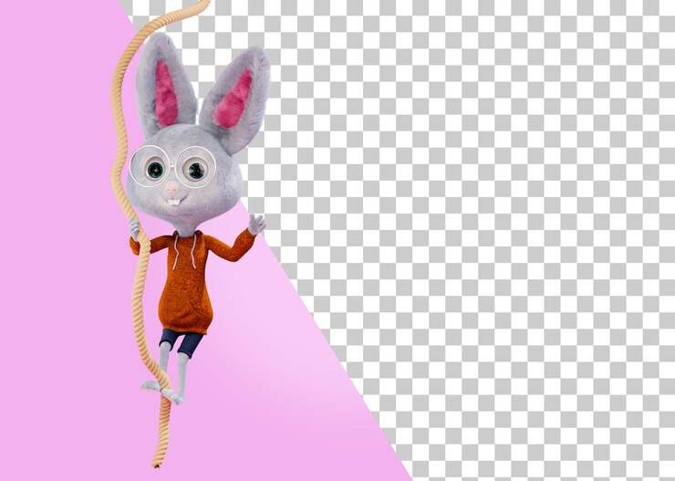 PSD lindo conejo de dibujos animados sosteniendo una cuerda conejito 3d realista con piel vestido con una chaqueta y pantalones cortos 3d