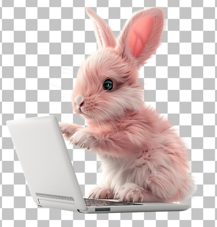 PSD el lindo conejo de dibujos animados usando una computadora portátil sobre un fondo transparente