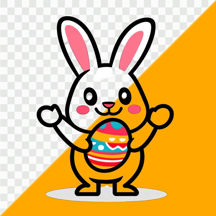 PSD lindo conejo esponjoso con ropa que sostiene decoraciones de pascua estilo dibujos animados colores frescos y simple v