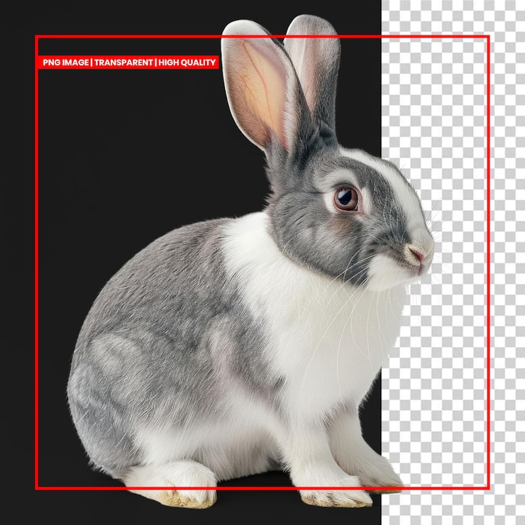 PSD un lindo conejo gris y blanco sentado en un fondo transparente
