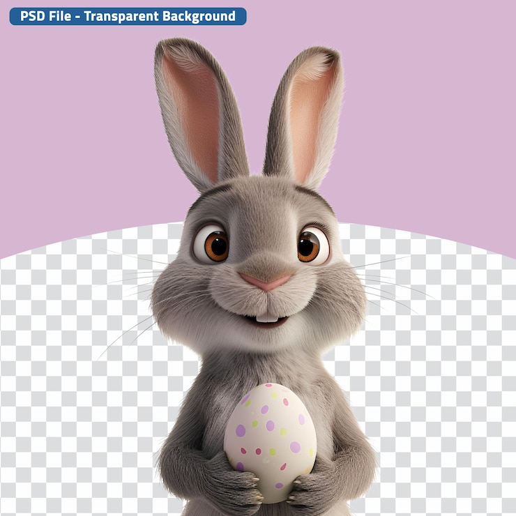 PSD el lindo conejo de pascua de dibujos animados y el conejo 3d con huevo de pascua te desean una feliz pascua.