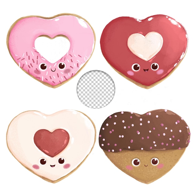 PSD lindo conjunto de cuatro galletas de corazón de chocolate oscuro rosa de san valentín estilo kawaii sobre fondo blanco