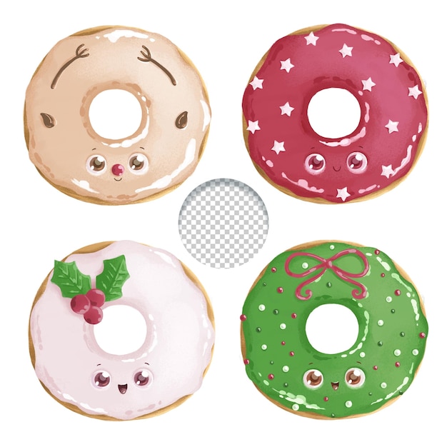 Lindo conjunto de quatro donuts decorados no estilo kawaii de Natal kawaii em fundo branco