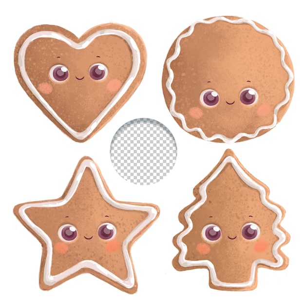 PSD lindo conjunto de galletas de pan de jengibre de navidad con decoraciones de azúcar estilo kawaii sobre fondo blanco