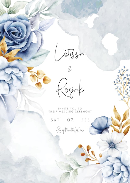 PSD lindo convite de casamento com enfeite floral azul e dourado