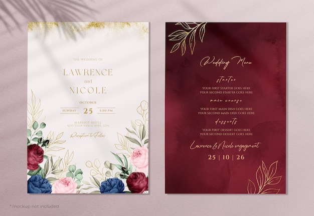 Lindo convite de casamento em aquarela e modelo de menu com decoração floral e folhas