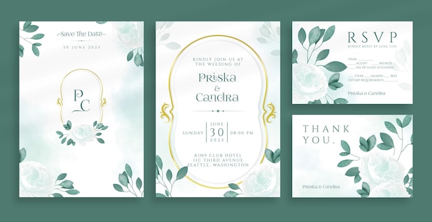 Lindo convite de casamento verde com folhas e ornamentos em aquarela de flores