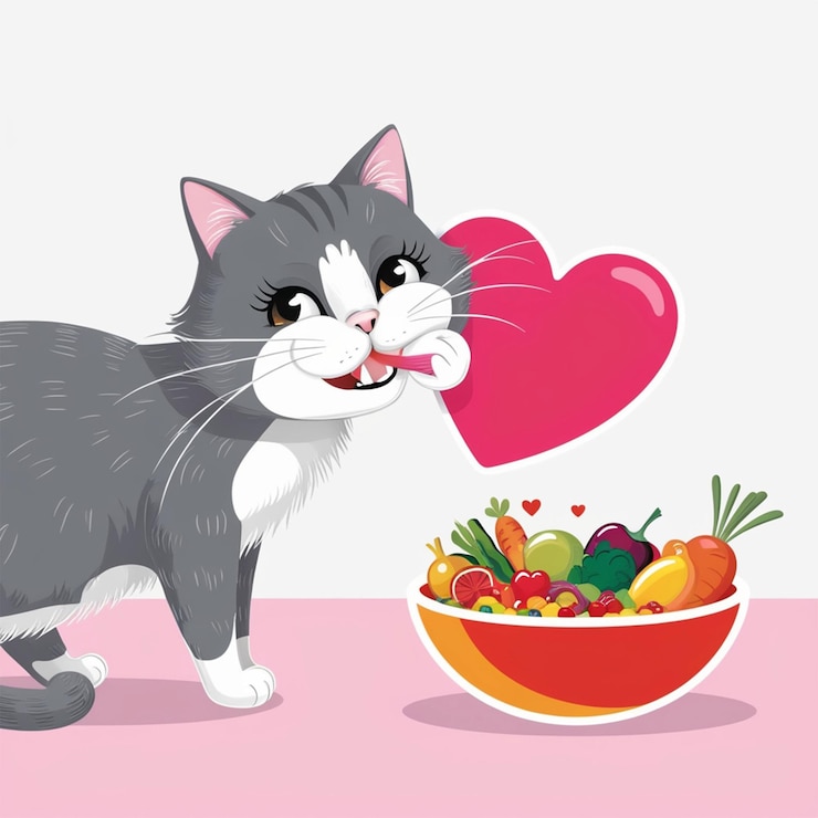 PSD lindo corazón mordido por un gato con un cuenco de comida ilustración vectorial