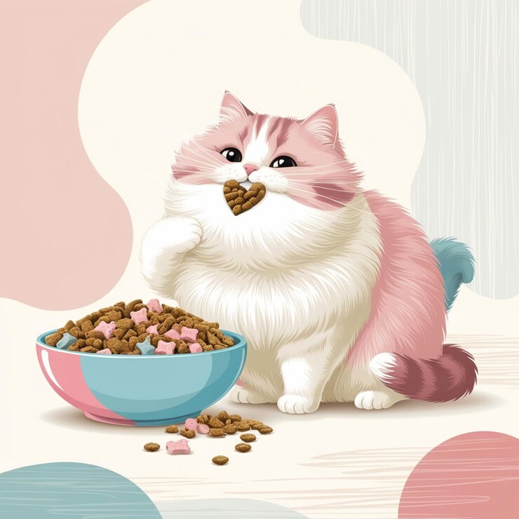 PSD lindo corazón mordido por un gato con un cuenco de comida ilustración vectorial