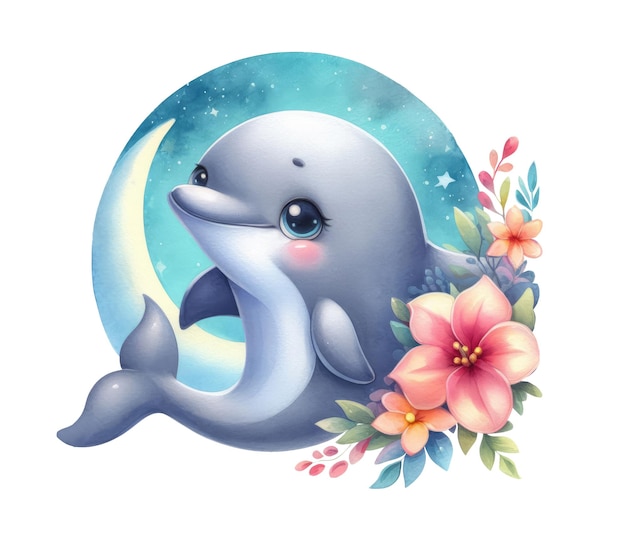 PSD lindo delfín de dibujos animados en una composición circular con decoraciones florales aisladas sobre un fondo blanco