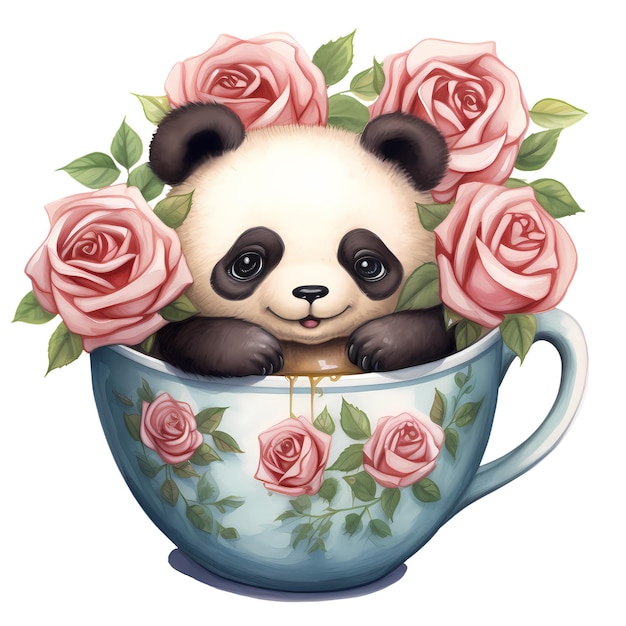 Lindo dibujo animado panda taza de café acuarela clipart ilustración