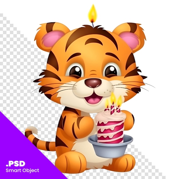 PSD lindo dibujo animado de tigre con vela y pastel en fondo blanco ilustración para niños plantilla psd