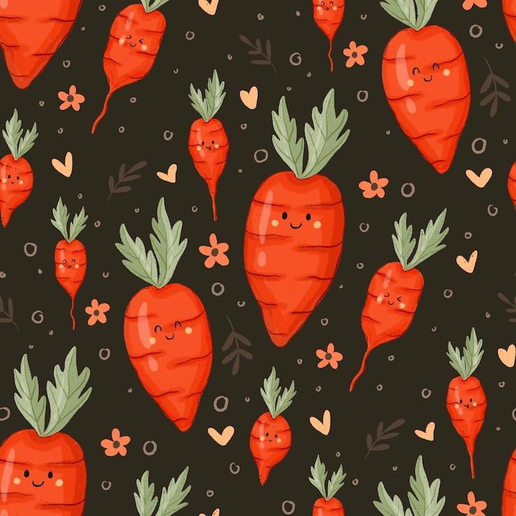 PSD lindo dibujo animado de zanahoria roja con patrón sin costuras de fondo en color oscuro para diseño textil de tela