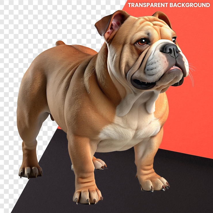 PSD lindo dibujos animados en 3d para adultos bulldog inglés de pie con fondo transparente