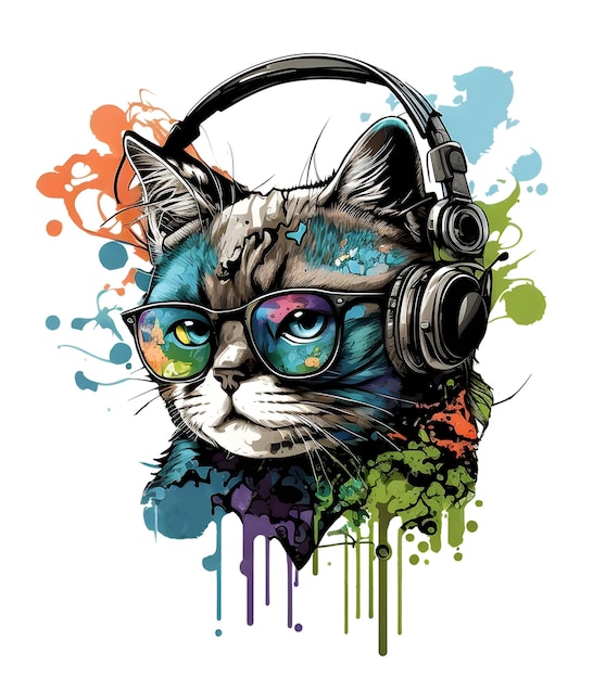 lindo diseño de gato con gafas y auriculares