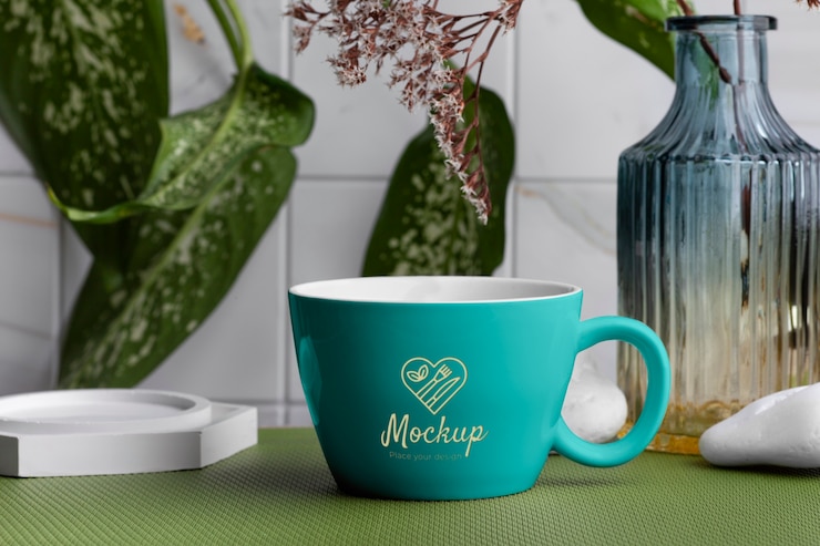 PSD lindo diseño de taza con maqueta de plantas