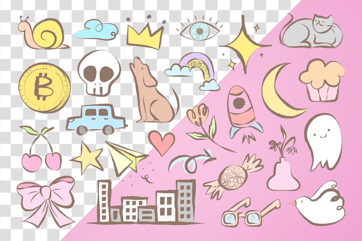 PSD lindo doodle png pegatina pastel ilustraciones de dibujos animados en un fondo transparente