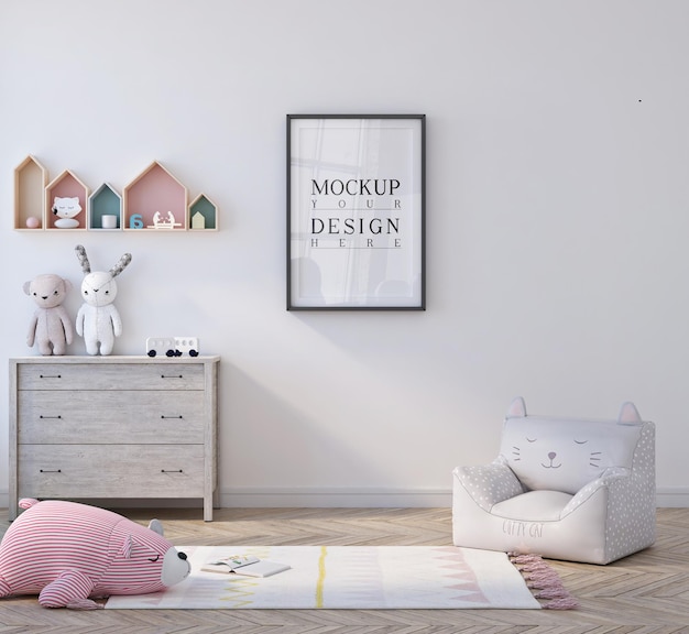 Lindo dormitorio de niños pequeños con maqueta enmarcada de póster