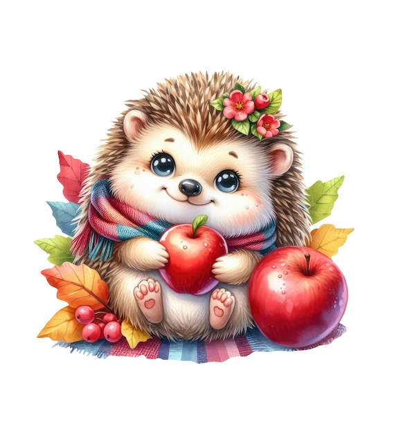 Lindo erizo con una manzana en una bufanda y hojas de otoño ilustración en acuarela sobre fondo blanco