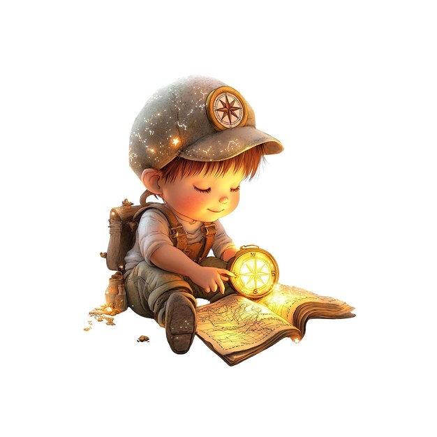 Un lindo explorador estudiando un mapa luminoso con una brújula