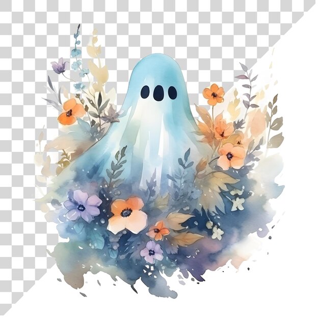 PSD el lindo fantasma de halloween en acuarela de dibujos animados sobre un fondo transparente