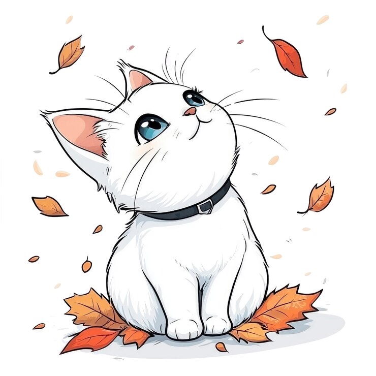 PSD un lindo gatito blanco rodeado de hojas de otoño que caen
