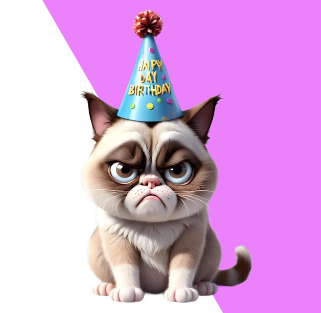 PSD un lindo gatito gruñón con sombrero de cumpleaños