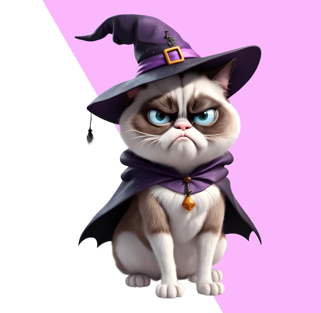 PSD un lindo gatito gruñón vestido de bruja para halloween