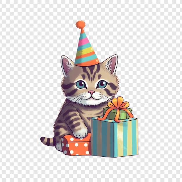 PSD un lindo gatito tabby con un sombrero de fiesta se sienta en una caja de regalos con un regalo