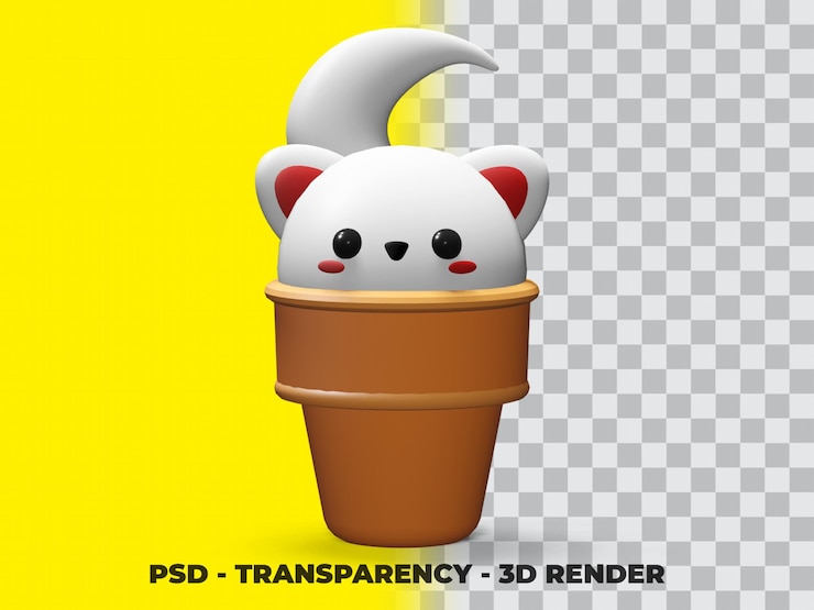 PSD lindo gato 3d en el cono de helado con fondo de transparencia