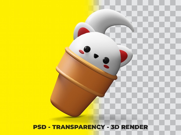 Lindo gato 3d en el cono de helado con fondo de transparencia