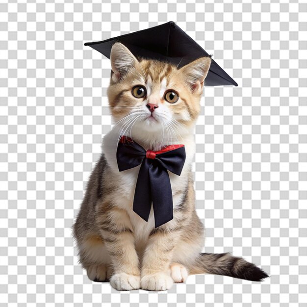 PSD un lindo gato blanco en un sombrero de graduados y gafas sentado en un fondo beige