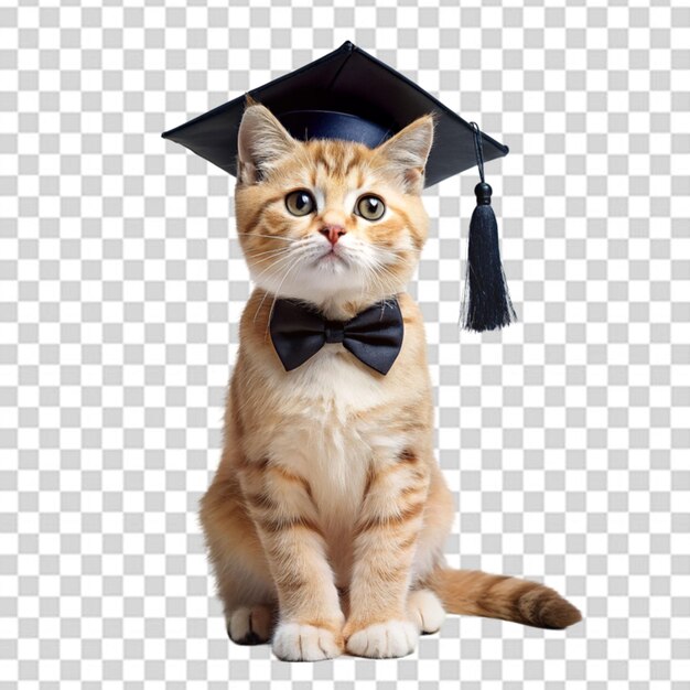 PSD un lindo gato blanco en un sombrero de graduados y gafas sentado en un fondo beige