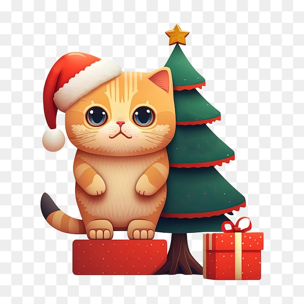 lindo gato de natal usando um chapéu de papai noel fica na frente da árvore de natal e presente.