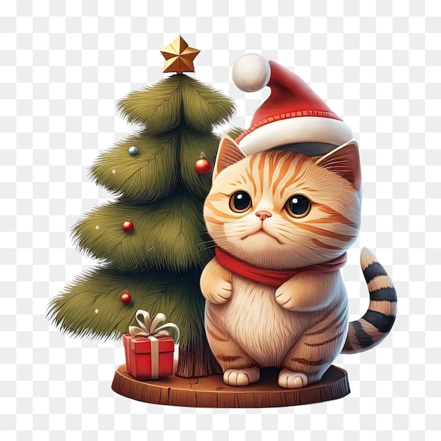 lindo gato de natal usando um chapéu de papai noel fica na frente da árvore de natal e presente.