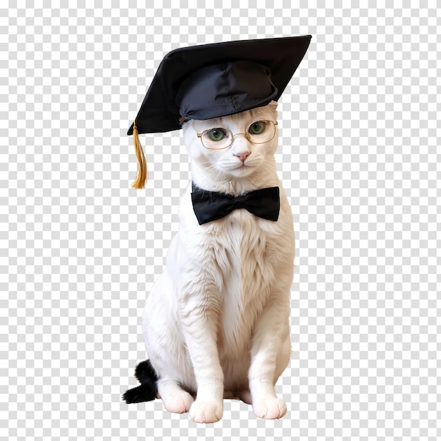 Lindo gato con gorro de graduación y pajarita sentado aislado sobre fondo transparente