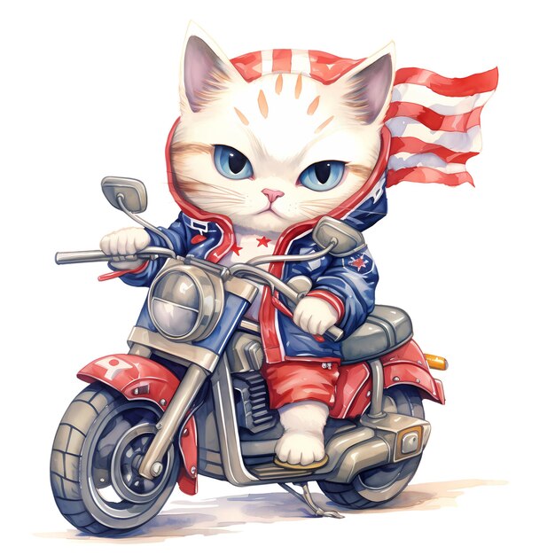El lindo gato ragdoll es una ilustración de una motocicleta estadounidense.