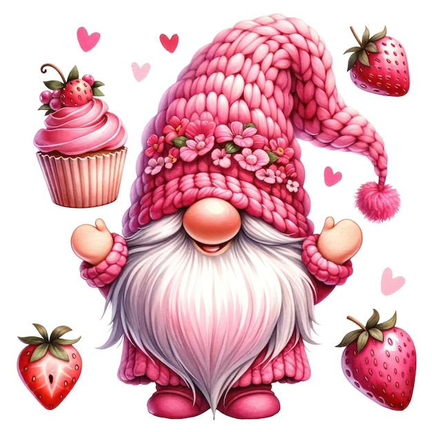 PSD lindo gnome cupcake fresa día de san valentín clipart ilustración