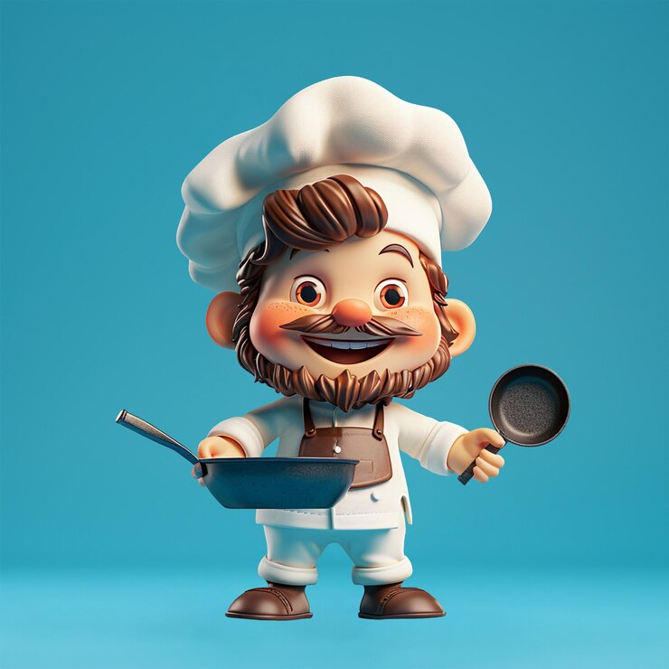 PSD lindo icono de personaje 3d de un chef con todo el cuerpo usando un sombrero de chef y un delantal sosteniendo una sartén llena