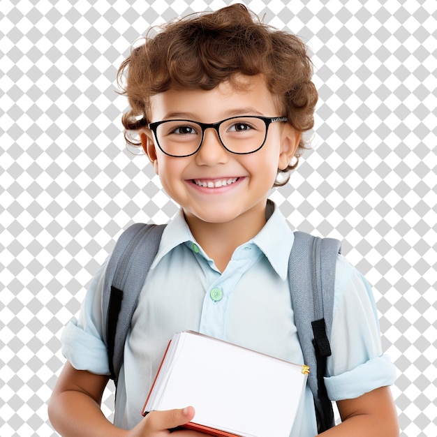 Un lindo joven estudiante con gafas listo para ir a la escuela aislado en un psd transparente